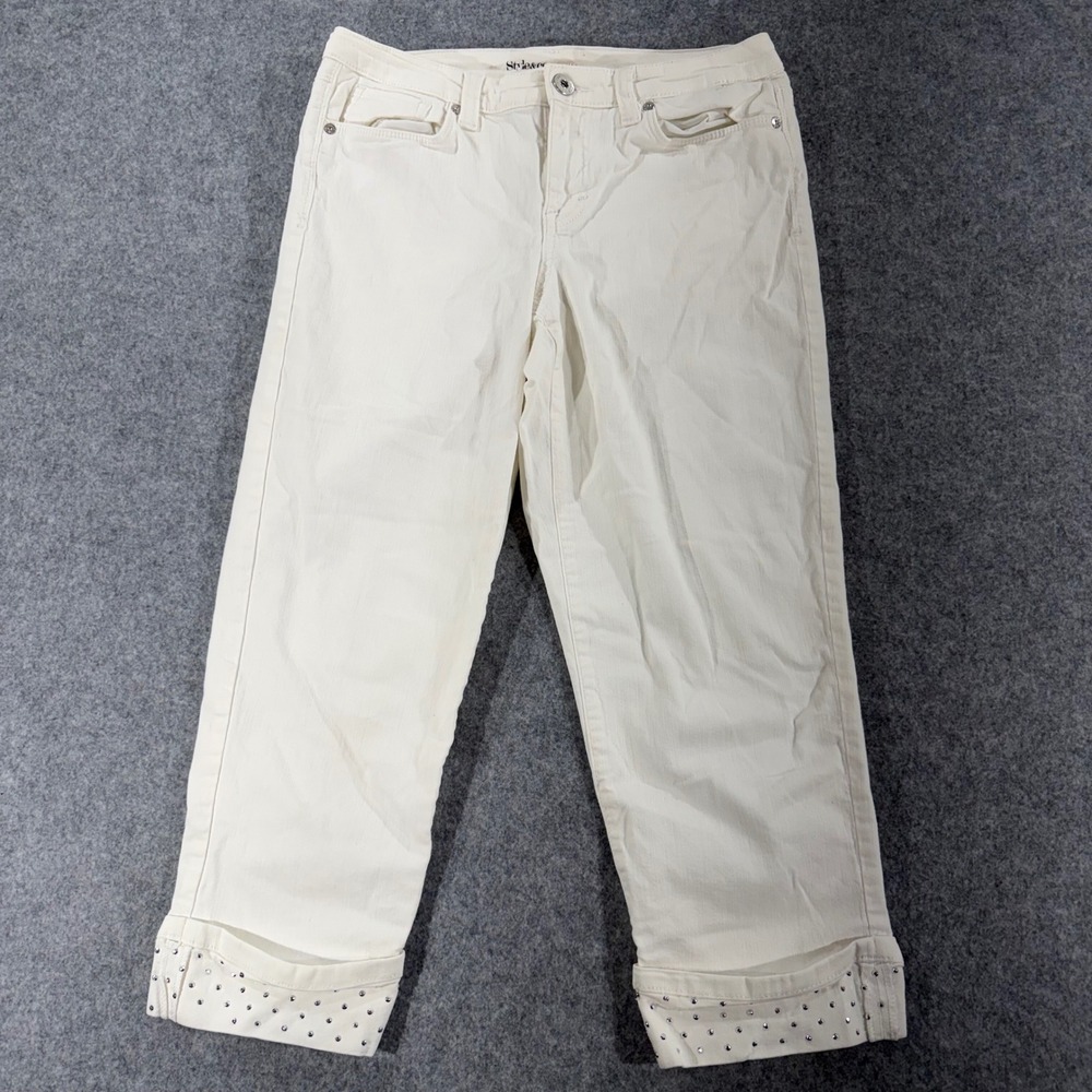 Style & Co Curvy Capri Jeans White Studded Cuff Denim Pants Womens 8